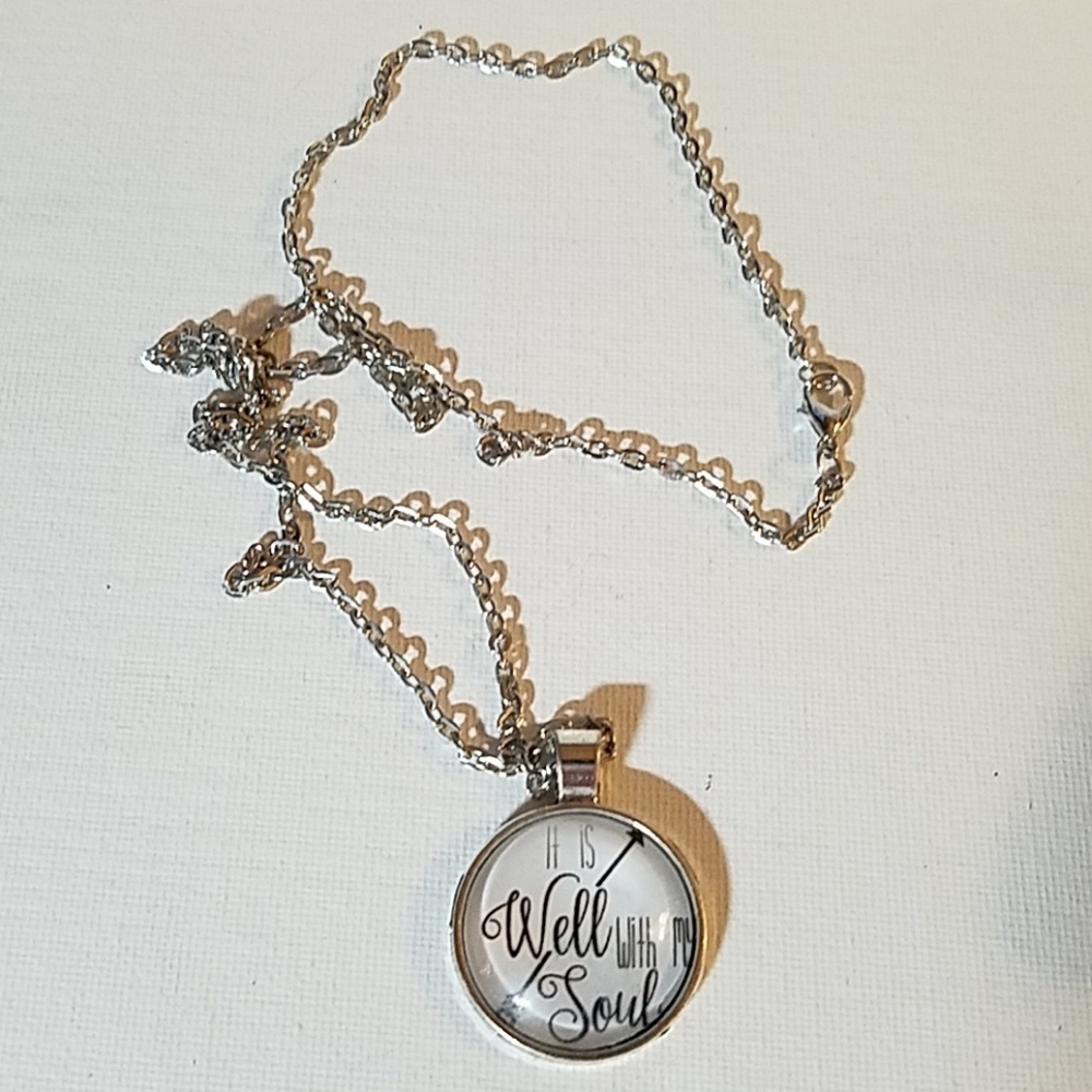 It Is Well w Soul Cabochon Silver Tone Necklace 24" Chain Religion